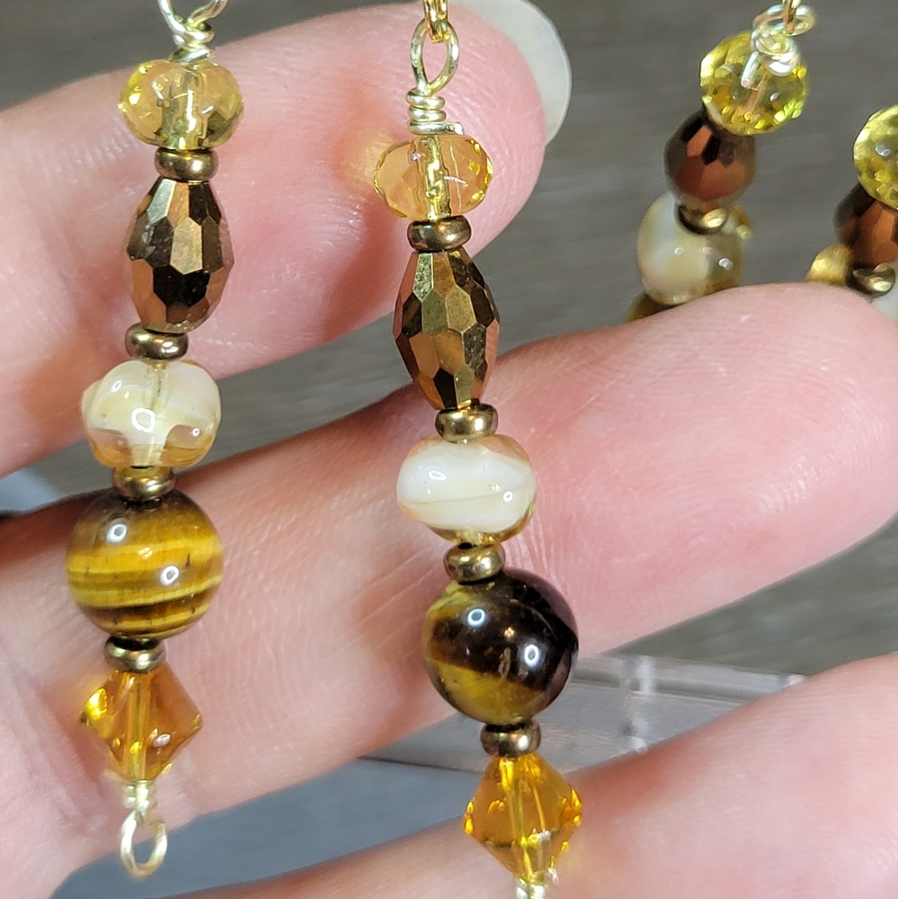 Handmade Tiger Eye Gemstone & Glass Beaded Earrings 1 Pair Pierced